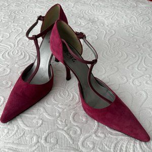 BCBG PARIS Real Suede + Patent Leather T-Strap Mary Jane Heels Rose Mauve 8.5